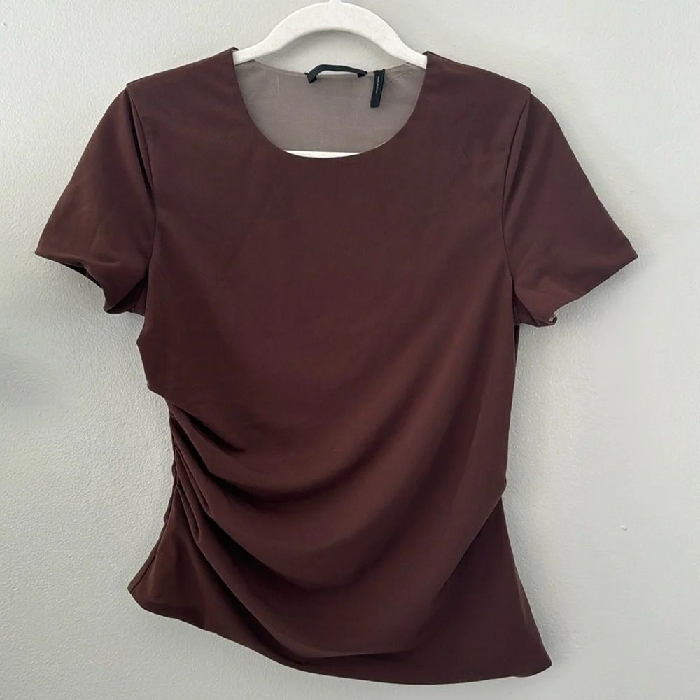 Helmut Lang Chocolate Brown Draped Jersey Top Ruched Side Size L
